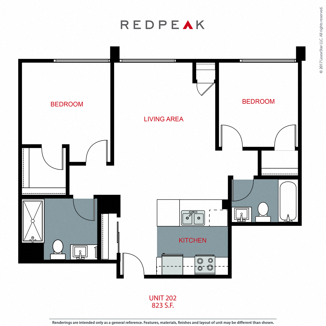 Floor plan for 2 beds, 2 baths, 825 sqft